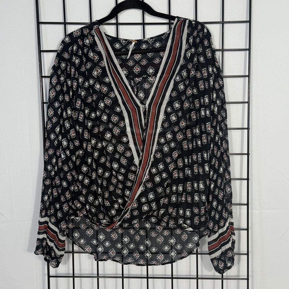 Free People Before Dawn Blouse Womens Large Blue‎ AOP Boho Casual Sheer Cottage